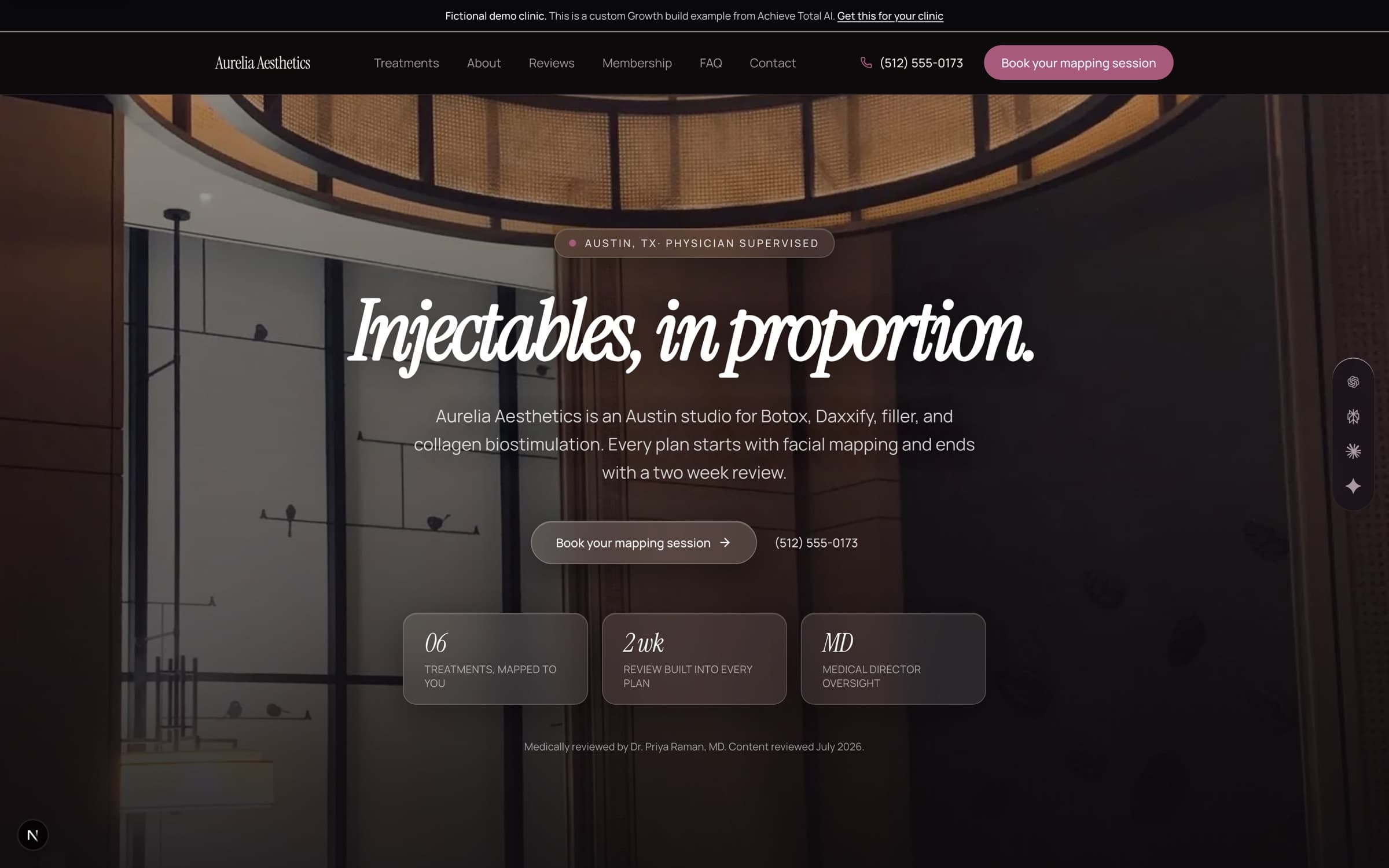Aurelia Aesthetics demo homepage, a dark cinematic custom build for an aesthetics clinic